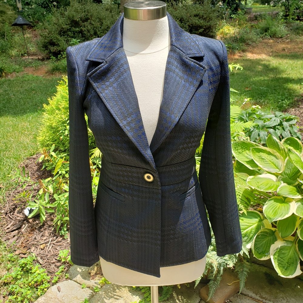 CAbi Houndstooth Navy Blazer with Gold Buttons